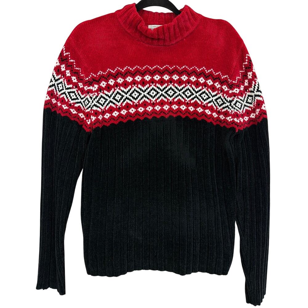 Vintage Carolyn Taylor XL Black Red Fair Isle Long Sleeve Acrylic Knit Sweater